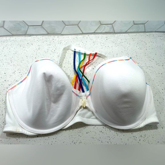 Cacique White 44DDD Tshirt Bra Rainbow Straps Front Latch NEW - Picture 1 of 7